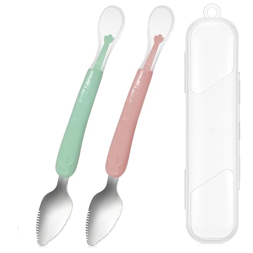Image of Tony Stark Baby Double Side Head 2 in 1 Silicone Food Spoon, Stainless Steel Fruit Scraper for Baby & Toddler, Fruit Scraping & Feeding Spoons with Travel Case (Multi Color)