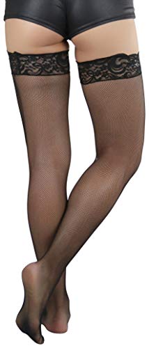 Image of ToBeInStyle Women's Wide Floral Lace Fishnet Thigh Hi Stockings