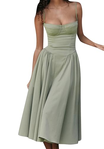 EFOFEI Damen Spaghetti Strap Kleid Sexy Off Shoulder Sunkleid Casual Pleated Hem Kleid Hellgrün M