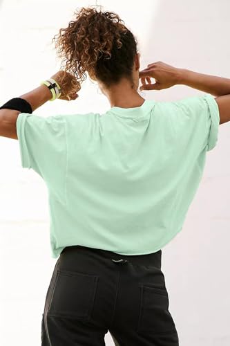 Image of HUGOOME Womens Oversized Workout Crop Top Casual Short Sleeve Boxy Roll Hem | Basic Half Split Sleeve Drop Shoulder Loose Yoga Running Gym Tee Cropped T-shirt Solid Trendy Relaxed Daily Tee