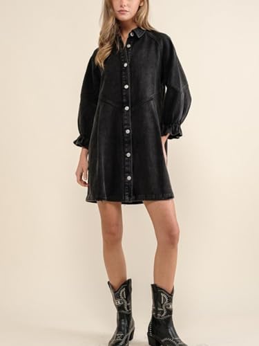 ALSOGO Women Denim Shirt Dress 3/4 Long Sleeves Casual Button Down Babydoll Flowy Jean Dresses4