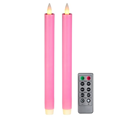 Image of Flameless Taper Candles Flickering with Remote and Timer, 3D Moving Flame Taper Candle Battery Operated to 400 Hours, 9 Inch Window Candles, (Pink)