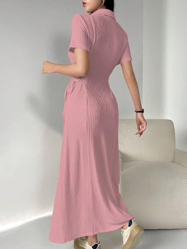 Image of Shasmi Women's Solid Color Applique Lace-Up Collared Short Sleeve, Side-Tie Waist Long Casual Maxi Women Dress Outfit Long Evening Midi Western Party Dress for Women (Dress 211)