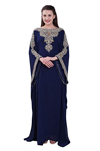 Women Farasha Embroidered Kaftan Long Dress Faux Georgette Ethnic, Bridal, Evening, Party, Dress with Free Scarf | Size- Free Navy Blue