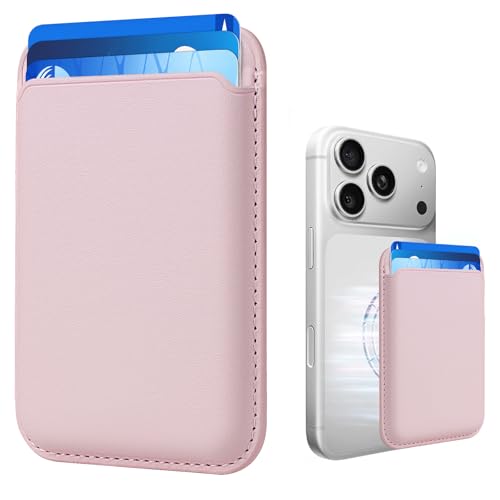 KRTALS Magnetic Wallet Phone Card Holder for Phone Case with Mag-Safe Stronger Magnetic RFID Leather Phone Wallet Stick on Series of iPhone 17/16/15/14/13/12 and Pro/Promax Blush Pink