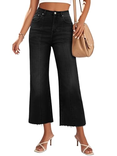 Genleck Women's Wide Leg Jeans Cropped High Waisted Seamed Front Raw Hem Denim Pants Trendy Stretchy Baggy