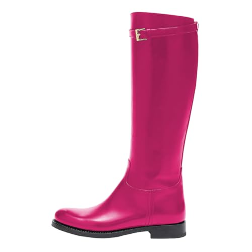 FSJ Women Regular Round Toe Flats Riding Knee High Boots Wide Calf Buckled Strappy Chunky Low Heel Western Long Boots Size 4-15 US2