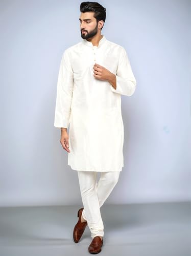 Image of SKAVIJ Men's Dupion Silk Embroidered Kurta Pajama Mandarin Collar Ethnic Motifs Festive Party Dress