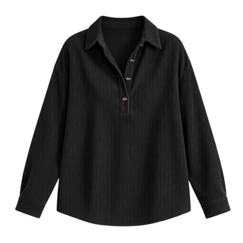 Corduroy Shirt Women Comfy Half Button Long Sleeve Henley Neck Tunic Tops | Black Womens Corduroy Shirt Cotton Fall Knited Flannel Henley Neck Ribbed Loose Fit Tunic Tops Casual Workout Shirts - image 6