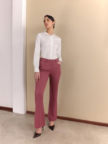 Image of FableStreet Women Formal Trousers | Flared Mid-Rise Design with Belt Loops & Plain Hem | Solid Pattern & Woven Construction | Office Wear & Business Meetings