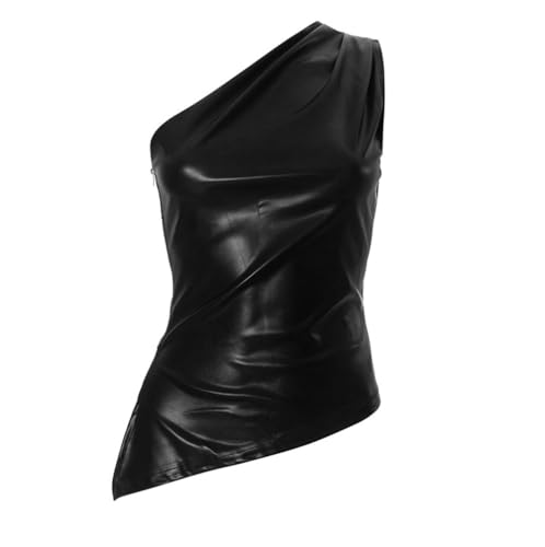 Women's One Shoulder Sleeveless Leather Tank Tops with Zipper Pleated Slim Asymmetrical Ruched Blouse T Shirt2