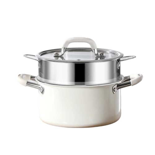 スープ鍋 316ステンレス鋼 両手鍋 蓋付き 大容量 蒸し器付き お手入れ簡単 やけど防止 蒸し煮・炊飯・煮込み料理に最適 (蒸し器を含む,24cm) (ホワイト,26CM)