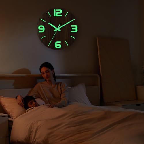 Image of HZDHCLH Wood Wall Clock Glow in The Dark,Luminous Wall Clocks with 3D Numbers,Decorative Wall Clock Battery Operated for Bedroom Kitchen Living Room Office (Brown)