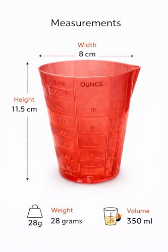 Image of 350 ml Plastic Measuring Glass for Kitchen | Multi-Scale Gram, Litre & Ounce Measuring Cup | Red Food-Grade Reusable Liquid & Rice Measuring Cup
