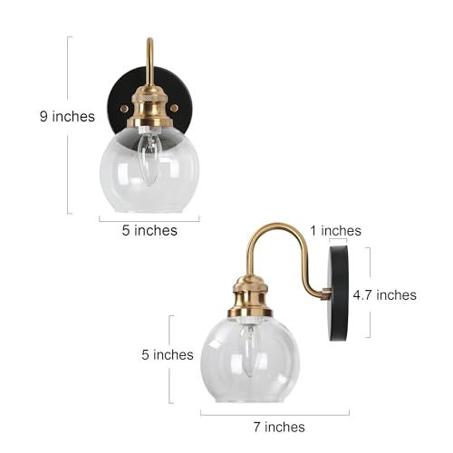 Image of KSANA Black Gold Sconce, Modern Globe Wall Sconces Lighting with Clear Glass Shade, 1-Light Brass Wall Mounted Light Fixture for Bathroom, Kitchen, Bedroom and Stairway