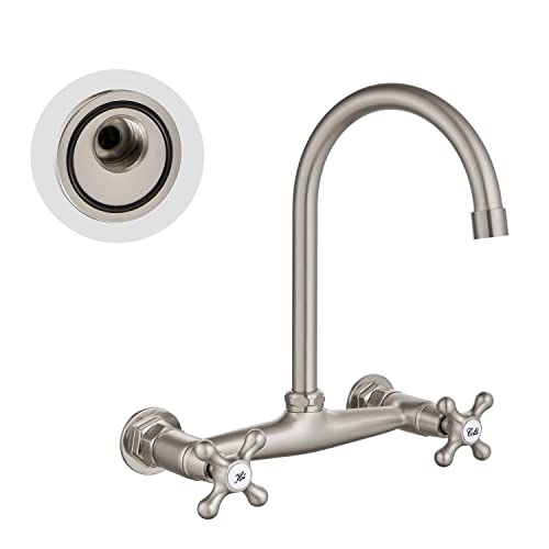 Airuida Brushed Nickel Wall Mounted Kitchen Sink Faucet Wall Mount Faucet 8 Inch Center Double Cross Handles 360 Degree Swivel Spout Kitchen Mixer Tap For Commercial Restaurant Laundry #TOP17