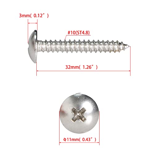 Ohamtes 10PCS #10 x 1-1/4"(ST4.8 * 32mm) Stainless Steel Cross Recessed Round Head Self-Tapping Screws Improved Truss Head Wood Screws Large Pan Head Screws - Image 2