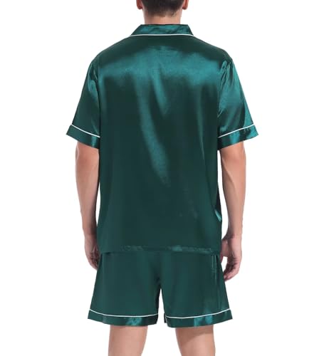 Couple Pajamas Set Men Satin Short Sleeve Sleepwear 2 Pcs Button Down Pjs Loungewear Green Large4