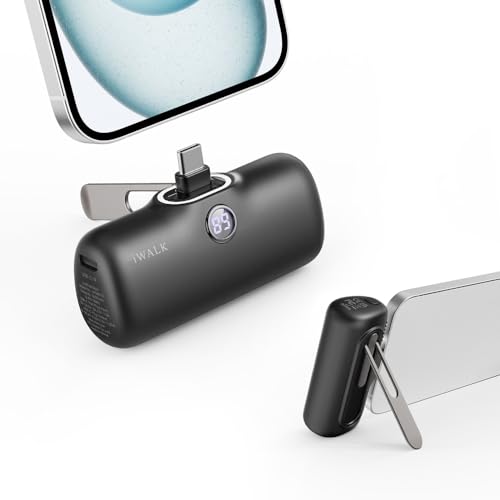 iWALK Powerbank USB-C 5000 mAh, 20 W, Carga rápida, portátil, con Soporte, pequeña batería Externa, Pantalla LCD, Compatible con iPhone 15 Plus/15 Pro/15 Pro MAX, Samsung, Color Negro