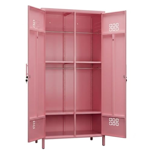 Image of METAN Extra Deep 2 Doors Metal Wardrobe Cabinet, Closet with Lock, Pink | 71 inchH*33.5 inchW*20 inchD Adjustable Shelves & Hanging Rod,Heavy Duty Steel Storage Armoire for Home,Assembly Required