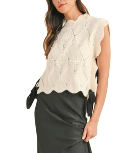 Image of Women Side Tie Sweater Vest Scallop Trim Mock Neck Knit Vest Bow Lace Up Ribbon Sweater Tank Top Knitwear