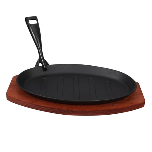 Cabilock Cast Iron Grill Plate with Wooden Tray Steak Tray for Home Barbecue Nonstick Fajita Skillet Pan Oven Stove Top Safe Cooking