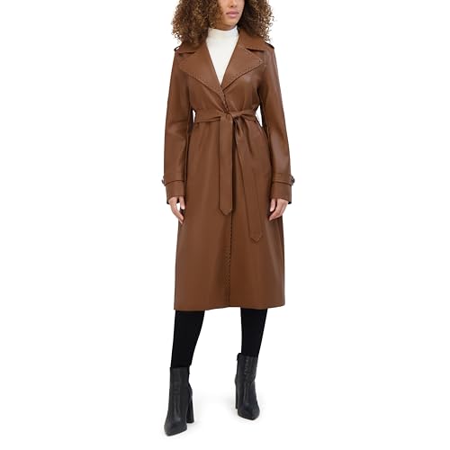 Kenneth Cole Women's Faux Leather Belted Duster with Whip Stitch Detail & Notched Collar