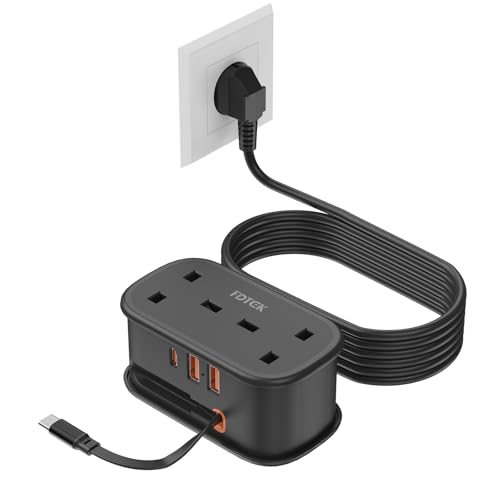 UK to European Plug Adapter with 1.5M Extension CableFDTEK 2 Way Travel Extension Lead with 3 USB Slots & Retractable USB C Cable Type E/F Travel Adapter for Germany France Spain Greece etc