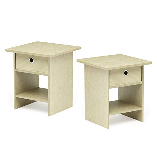 Image of Furinno Dario Set of 2 Square Side Table, End Table, Beige Marble | with Storage Bin, Round Corner Night Stand, Bedside Table with Open Back Shelf, for Living Room, Bedroom