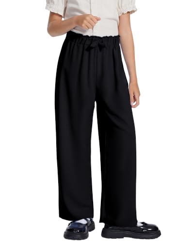 Hvididan Girls Wide Leg Palazzo Pant Loose Straight Cute Bow Waist Spring Summer Lightweight Dress Pant for Kids Size 10-12 Black