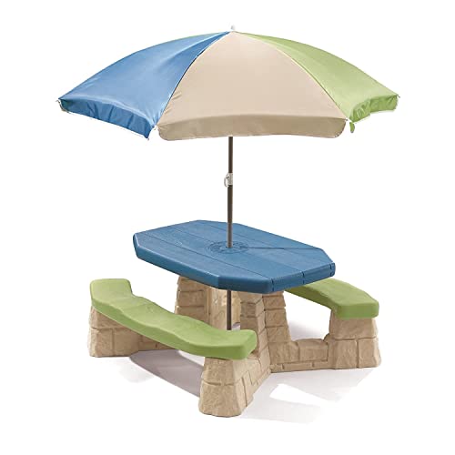 Step2 Naturally Playful Kids Picnic Table With Umbrella Step2 Outdoor Toys with Seating for 6 Children Kids Patio Furniture Blue & Green with Faux Stone Detail