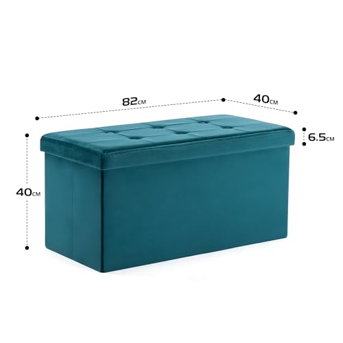 HNNHOME Fluwelen poef, opvouwbare Ottomaanse voetenbank met opbergruimte, speelgoedkist met deksel, opvouwbare voetenbank, stoel voor de woonkamer, slaapkamer (82 x 40 x 40 cm, groenblauw, groot) - Afbeelding 4