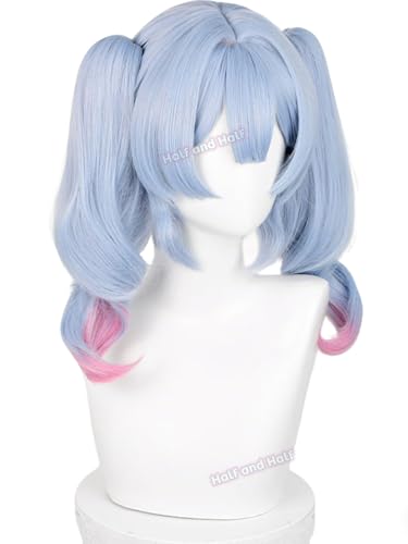 Image of Haze Blue and Pink Anime Ponytail Wig with Bangs Light Blue Curly Twin Tail Lolita Rabbit Singer Costume Wigs for Women Halloween Party Daily
