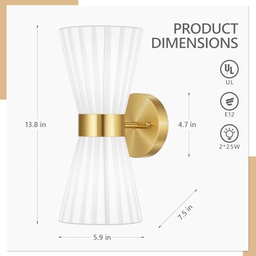 Image of Gold Wall Sconces Set of 2, Milk White Pleated Fabric Shade | Hardwired, Wall Light Fixtures, Up Down Wall Mount for Living Room Bedside