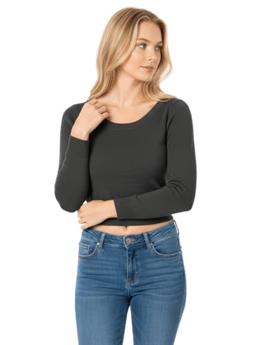 Image of Women's Crop Top Stretch Sweater - Long Sleeve Slim Bodycon Crewneck Casual Basic Solid Cropped Knit Pullover Top