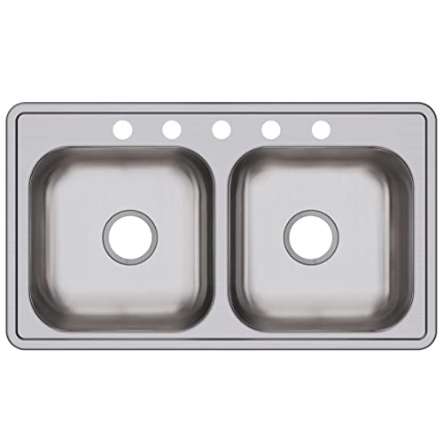 Image of Dayton Stainless Steel 33 inch x 19 inch x 6-7 /16 inch, 5-Hole Equal Double Bowl Drop-in Sink