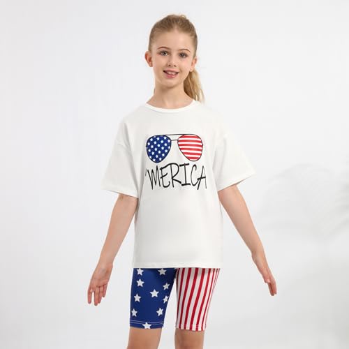 Image of Weixinbuy Girls 4th of July Outfit 2 Piece Short Sleeve Oversized T-Shirt and Biker Shorts Kids Fashion Summer Colothes Set