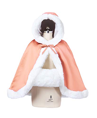 Wedding Cape Hooded Cloak for Bride Winter Reversible with Fur Trim Free Hand Muff Hip-Length Coral
