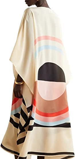 Image of Printed Lounge Wear Calf Length Silk Crepe Kaftan, Tunic, Summer Loose Caftan, Soft Dress Gift for Her, Party Wear Kaftan 5598 White One Size