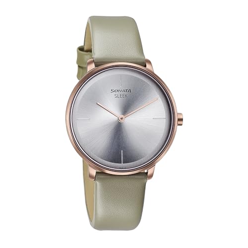 Image of Sonata Sleek Silver Dial Leather Strap Analog Watch for Women-8191QL01