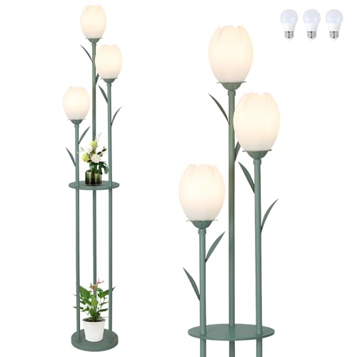 Image of 3-Light Flower Floor Lamps for Living Room, Green Floor Lamp with Shelves, Unique Tulip Standing Lamp with 3 LED Blubs, Cute Floral Tall Lamp, Modern Stand Up Light Decor for Bedroom, Kids Room