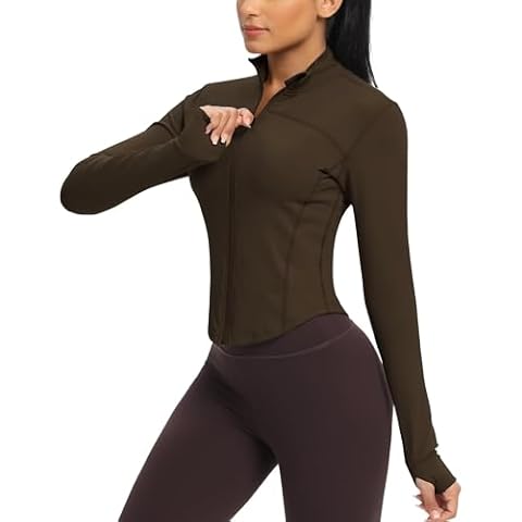 QUEENIEKE Womens Workout Jacket Lightweight Full Zip Running Track Jacket Slim Fit Yoga Cropped Tops with Thumb Holes,Roasted Brown, XL Cover