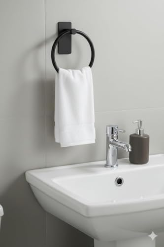 Image of iSTAR Stainless Steel Self Adhesive Round Towel Ring | No Drilling Wall Mounted Bathroom Accessories | Napkin Hand Towel Holder for Kitchen, Wash Basin, Home and Hotels (Black Finish) (Pack of 2)