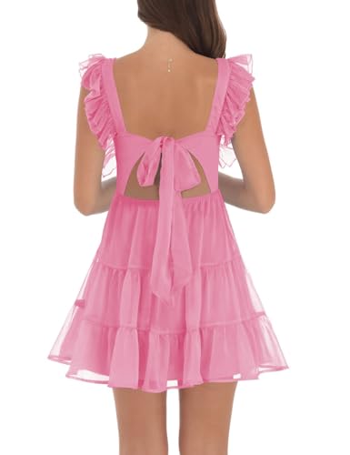 Image of Women's Summer Square Neck Tie Back Ruffle Sleeve Tiered Casual A-Line Short Mini Dress