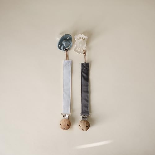 Image of mushie Linen Baby Pacifier Clip Holder (Powder Blue /Deep Sea)