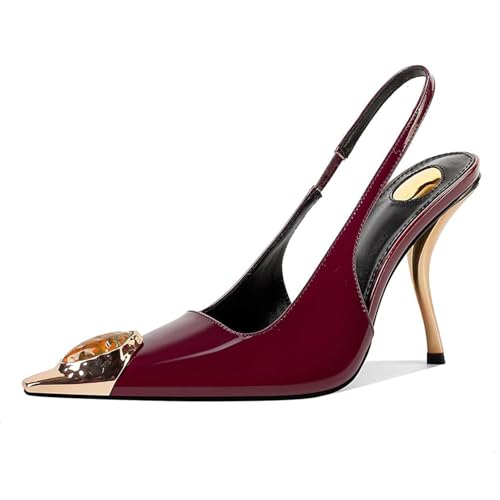 Womens Slingback High Heels Crystal Metal Pointed Closed Toe Stiletto Heeled Sandals Party Wedding Dating Pumps Dress Shoes