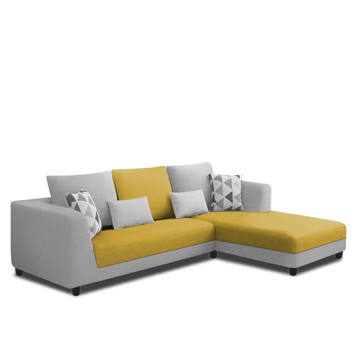 Image of Galib RHS 4 Seater L Shape Sofa Set for Living Room (Yellow Grey Fabric) Premium Fabric Sofa