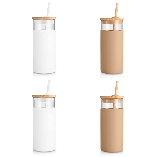 Tronco 20 oz Glass Tumbler Glass Water Bottle Straw Silicone Protective Sleeve Bamboo Lid - BPA Free -White Amber/ 4 Pack