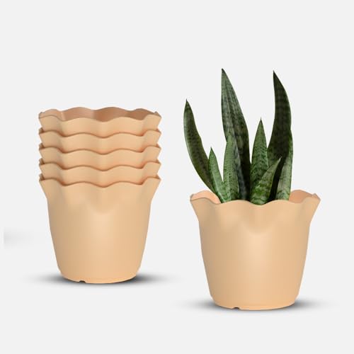 Image of YUCCABE ITALIA SHERA Flower Plastic Flower Pot Unbreakable Round Shape Planter with Drainage Holes Planter Suitable for Home Garden Seedling Indoor and Outdoor (Beige, 8 INCH - 6 Pcs)