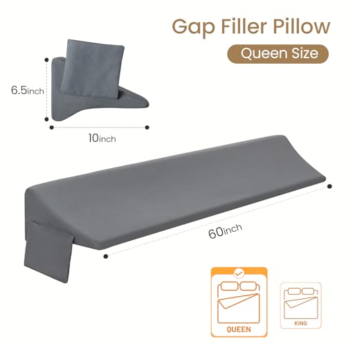 Image of Vekkia Queen Bed Wedge Pillow for Headboard Gap Filler (0-5.5 inch), Prevents Pillows & Items from Falling, High-Density Foam Mattress Gap Filler with Pockets, Removable Cover, Gray, 60 inchx10 inchx6.5 inch